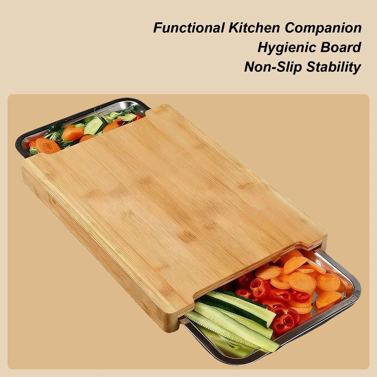 Bamboo Cutting Board - เขียงไม้ไผ่รักษ์โลกสำหรับห้องครัว พร้อมถาดสแตนเลสแบบเลื่อนได้ เขียงไม้ไผ่สำหรับเตรียมอาหาร