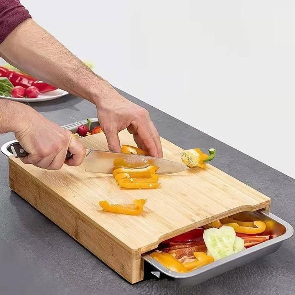 Bamboo Cutting Board - เขียงไม้ไผ่พร้อมถาดเก็บอุปกรณ์สแตนเลสแบบซ่อน 2 ชั้น พร้อมลิ้นชักทำความสะอาดในครัวแบบเลื่อนได้ ป้องกันการลื่น R2L4