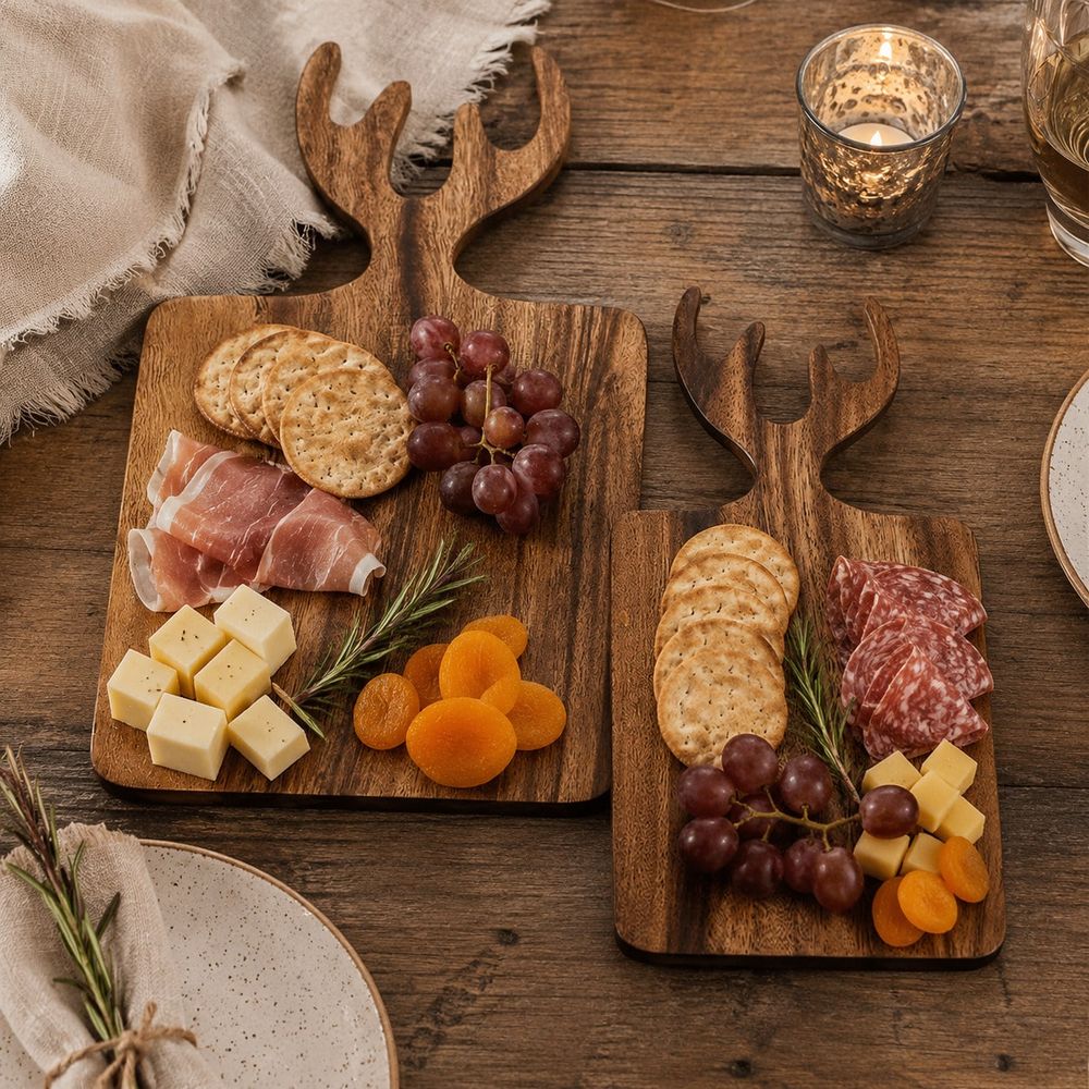 Bamboo Cutting Board - แผ่นไม้สับรูปทรงเขากวางไม้สัก 1 ชิ้น, แผ่นตัดขนมปัง, แผ่นตัดผัก, แผ่นตัดผลไม้,
